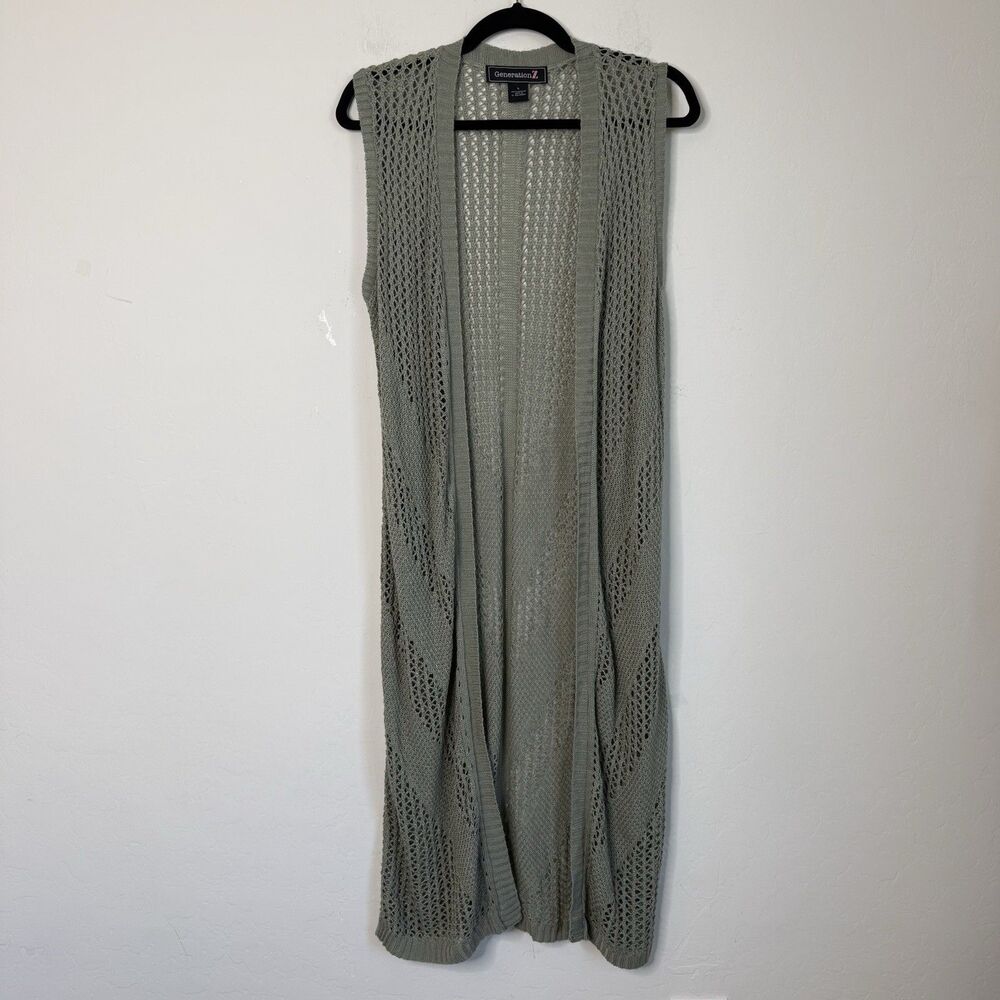 Green Chevron Large Crochet Open Front Cardigan Vest Long Line Boho Festival